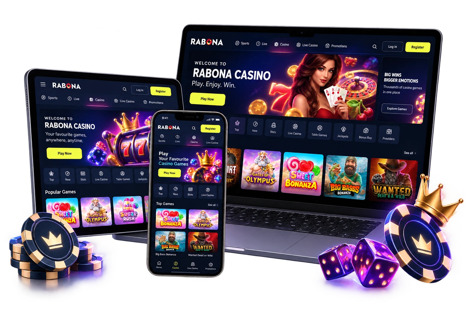 Rabona Casino displayed on smartphone, tablet and laptop screens